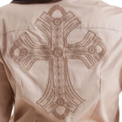 Camisa Feminina West Dust Mirela Manga Longa Bege Com Bordado Cruz Com Strass Nas Costas Ref:CA29859