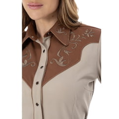 Camisa Feminina Zenz Western Bison Manga Longa Kaqui Marrom Bordados Ref: ZWO126006-1628