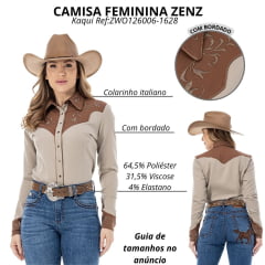 Camisa Feminina Zenz Western Bison Manga Longa Kaqui Marrom Bordados Ref: ZWO126006-1628