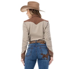 Camisa Feminina Zenz Western Bison Manga Longa Kaqui Marrom Bordados Ref: ZWO126006-1628