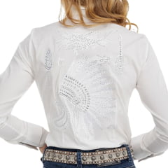 Camisa Feminina Zenz Western Brisa Branca Manga Longa Bordado De Cocar Com Pedras Brilhantes Nas Costas REF: 1327