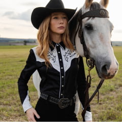 Camisa Feminina Zenz Western Cavallo Manga Longa Preto Com Branco E Bordado Preto - Ref:ZW0226036-1744