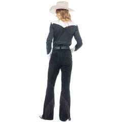 Camisa Feminina Zenz Western Cavallo Manga Longa Preto Com Branco E Bordado Preto - Ref:ZW0226036-1744
