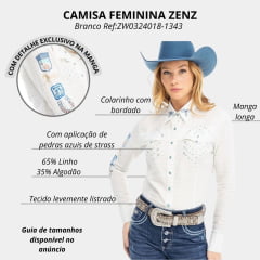 Camisa Feminina Zenz Western Coastside Manga Longa Branca Com Listrado Azul Bordados E Brilho Azul Ref:ZW0324018-1343