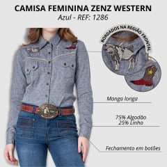 Camisa Feminina Zenz Western Constance Manga Longa Azul Com Bordados De Bota/ Longhorn Com Pedraria REF: 1286