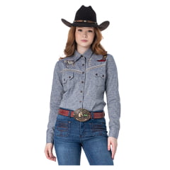 Camisa Feminina Zenz Western Constance Manga Longa Azul Com Bordados De Bota/ Longhorn Com Pedraria REF: 1286