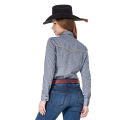 Camisa Feminina Zenz Western Constance Manga Longa Azul Com Bordados De Bota/ Longhorn Com Pedraria REF: 1286