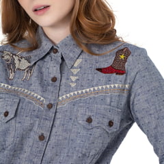 Camisa Feminina Zenz Western Constance Manga Longa Azul Com Bordados De Bota/ Longhorn Com Pedraria REF: 1286