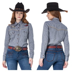 Camisa Feminina Zenz Western Constance Manga Longa Azul Com Bordados De Bota/ Longhorn Com Pedraria REF: 1286