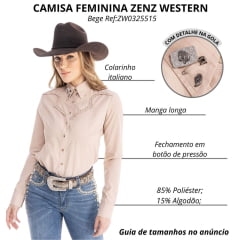 Camisa Feminina Zenz Western Farm House Manga Longa Bege Com Listras Vermelhas Strass Ref:ZW03255015