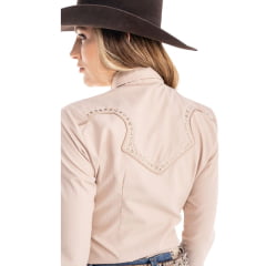 Camisa Feminina Zenz Western Farm House Manga Longa Bege Com Listras Vermelhas Strass Ref:ZW03255015