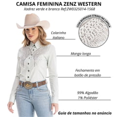 Camisa Feminina Zenz Western Fruit Manga Longa Xadrez Verde E Branco Com Bordado Strass Ref:ZW0325014-1568