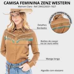 Camisa Feminina Zenz Western Galoppo Manga Longa Caqui Escuro Bordados E Franja De Miçanga Ref:ZW0226031-1827