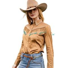 Camisa Feminina Zenz Western Galoppo Manga Longa Caqui Escuro Bordados E Franja De Miçanga Ref:ZW0226031-1827 Camisa Feminina Zenz Western Galoppo Manga Longa Caqui Escuro Bordados E Franja De Miçanga Ref:ZW0226031-1827