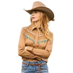 Camisa Feminina Zenz Western Galoppo Manga Longa Caqui Escuro Bordados E Franja De Miçanga Ref:ZW0226031-1827
