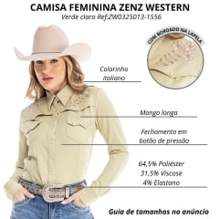 Camisa Feminina Zenz Western Heartland Verde Claro Manga Longa Com Bolsos Bordado Flores Ref:ZW0325013-1556