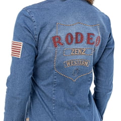 Camisa Feminina Zenz Western Jeans Alabama Manga Longa Gola Em Couro Com Pingentes E Bordados Ref: 1525 - ZW0225024