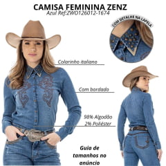 Camisa Feminina Zenz Western Jeans Frontier Manga Longa Com Bordado Marrom Detalhes Na Gola Ref:ZWO126012-1674