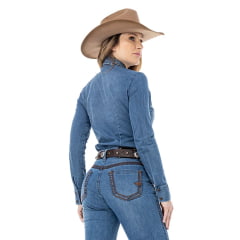 Camisa Feminina Zenz Western Jeans Frontier Manga Longa Com Bordado Marrom Detalhes Na Gola Ref:ZWO126012-1674