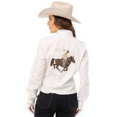 Camisa Feminina Zenz Western Louise Manga Longa Off White Com Bolsos E Bordados Cavaleiro Laçando Ref: 1487 - ZW0225019