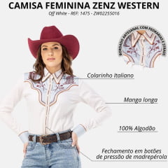 Camisa Feminina Zenz Western New Orleans Manga Longa Off WhiteTala E Punhos Bordados Com Strass Ref: 1475 - ZW0225016