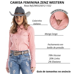 Camisa Feminina Zenz Western Petite Paloma Manga Longa Rosa Com Bolso Detalhe Bordado Lapela Ref:ZW0325012-1552