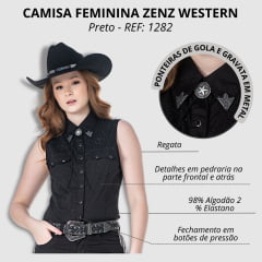 Camisa Feminina Zenz Western Regata Cody Preta Com Ponteiras E Gravatinhas De Metal E Bordados Em Pedraria REF: 1282