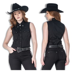 Camisa Feminina Zenz Western Regata Cody Preta Com Ponteiras E Gravatinhas De Metal E Bordados Em Pedraria REF: 1282