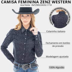 Camisa Feminina Zenz Western Rodeo Star Tecido Azul Noite Estampado Com Bordado Strass E Botões - Ref:ZW0226032-1718