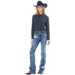 Camisa Feminina Zenz Western Rodeo Star Tecido Azul Noite Estampado Com Bordado Strass E Botões - Ref:ZW0226032-1718