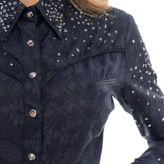 Camisa Feminina Zenz Western Rodeo Star Tecido Azul Noite Estampado Com Bordado Strass E Botões - Ref:ZW0226032-1718