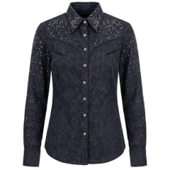 Camisa Feminina Zenz Western Rodeo Star Tecido Azul Noite Estampado Com Bordado Strass E Botões - Ref:ZW0226032-1718