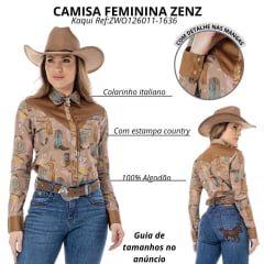 Camisa Feminina Zenz Western Rose Gold Estampada Kaqui Liso Ocre Ref:ZWO126011-1636