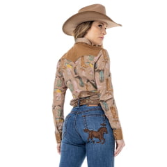 Camisa Feminina Zenz Western Rose Gold Estampada Kaqui Liso Ocre Ref:ZWO126011-1636