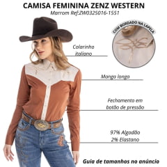 Camisa Feminina Zenz Western Rusty Manga Longa Marrom Com Gola Lapela Bege Com Bordado Bege Ref:ZW0325016-1551