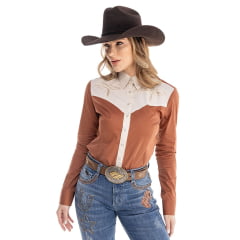 Camisa Feminina Zenz Western Rusty Manga Longa Marrom Com Gola Lapela Bege Com Bordado Bege Ref:ZW0325016-1551 Camisa Feminina Zenz Western Rusty Manga Longa Marrom Com Gola Lapela Bege Com Bordado Bege Ref:ZW0325016-1551