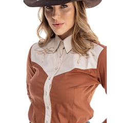 Camisa Feminina Zenz Western Rusty Manga Longa Marrom Com Gola Lapela Bege Com Bordado Bege Ref:ZW0325016-1551