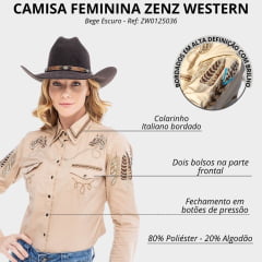 Camisa Feminina Zenz Western Santa Fé Manga Longa Bege Escuro Bordada E Strass Ref: ZW0125036-1420