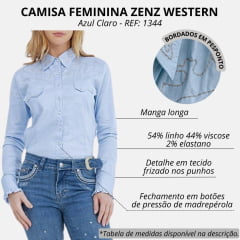 Camisa Feminina Zenz Western Tropical Azul Claro Manga Longa Com Pala Bordada Em Bege REF: 1344