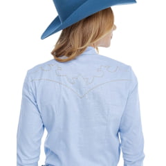 Camisa Feminina Zenz Western Tropical Azul Claro Manga Longa Com Pala Bordada Em Bege REF: 1344