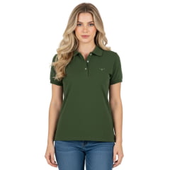 Camisa Polo Feminina Os Moiadeiros Verde Musgo Com Logo Bordado Verde Folha Ref:CPF46 Camisa Polo Feminina Os Moiadeiros Verde Musgo Com Logo Bordado Verde Folha Ref:CPF46