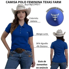 Camisa Polo Feminina Texas Farm New Style Azul Marinho Manga Curta Com Logo Cinza Bordada Ref:CPF011