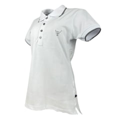 Camisa Polo Feminina Texas Farm New Style Manga Curta Branco Com Logo Bordado Cinza E Bandeira U.S.A Ref:CPF0008