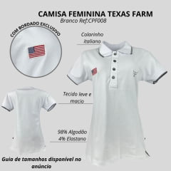 Camisa Polo Feminina Texas Farm New Style Manga Curta Branco Com Logo Bordado Cinza E Bandeira U.S.A Ref:CPF0008