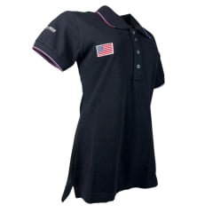 Camisa Polo Feminina Texas Farm New Style Manga Curta Preto Com Bordado Logo Branco E Bandeira U.S.A Ref: CPF 0008