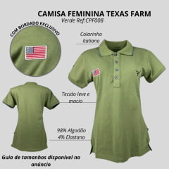 Camisa Polo Feminina Texas Farm New Style Manga Curta Verde Oliva Com Bordado Logo Verde E Bandeira U.S.A Ref:CPF0008