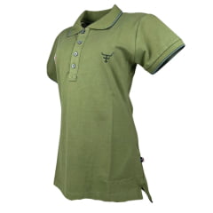 Camisa Polo Feminina Texas Farm New Style Manga Curta Verde Oliva Com Bordado Logo Verde E Bandeira U.S.A Ref:CPF0008