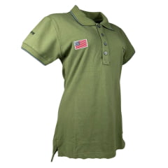 Camisa Polo Feminina Texas Farm New Style Manga Curta Verde Oliva Com Bordado Logo Verde E Bandeira U.S.A Ref:CPF0008