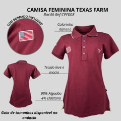 Camisa Polo Feminina Texas Farm New Style Manga Curta Vermelho Vinho Com Bordado Bandeira U.S.A Ref:CPF008