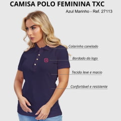 Camisa Polo Feminina TXC Custom Manga Curta Azul Marinho Bordado Logo Rosa - Ref.27113